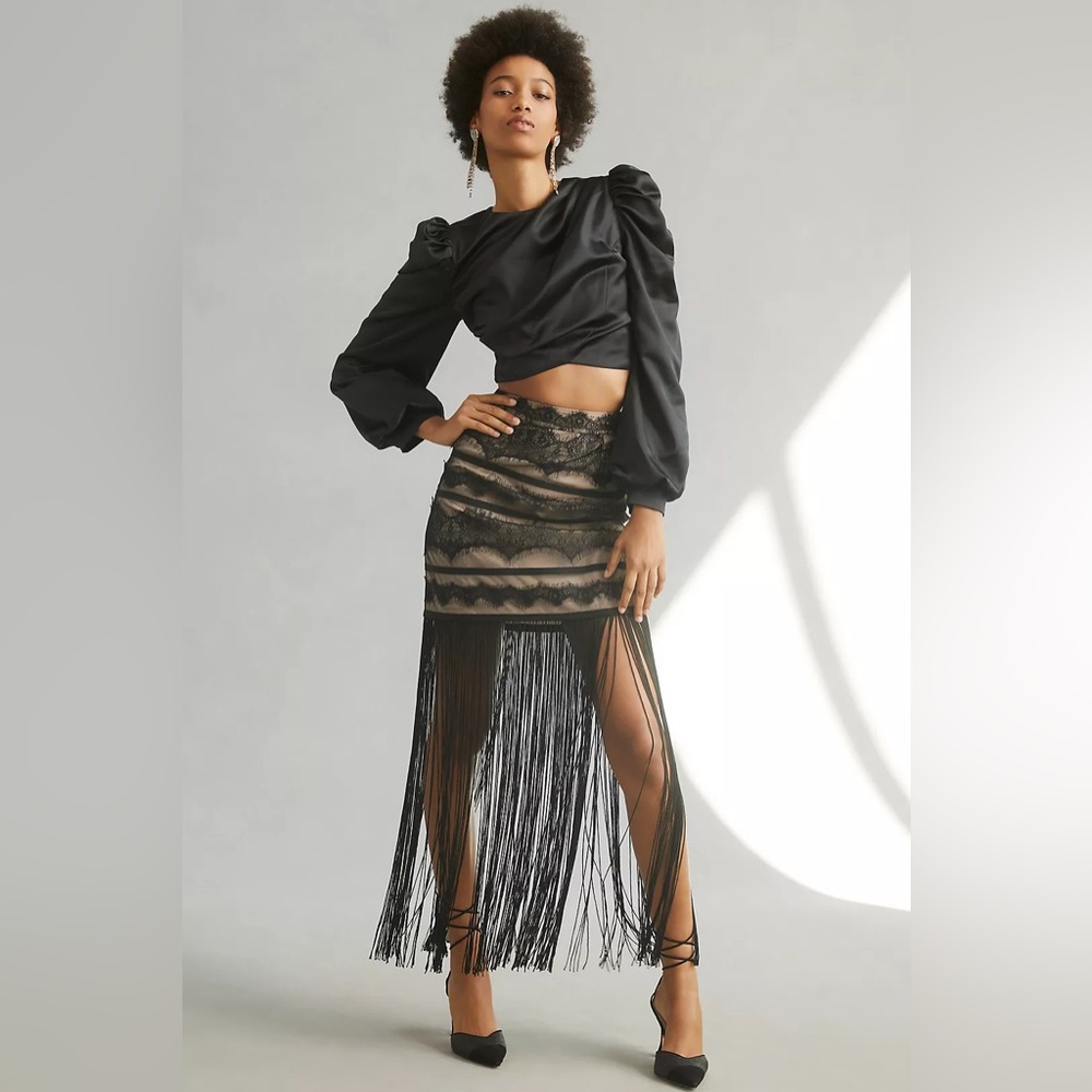 Black Lace Fringe Asymmetrical Skirt - Brand